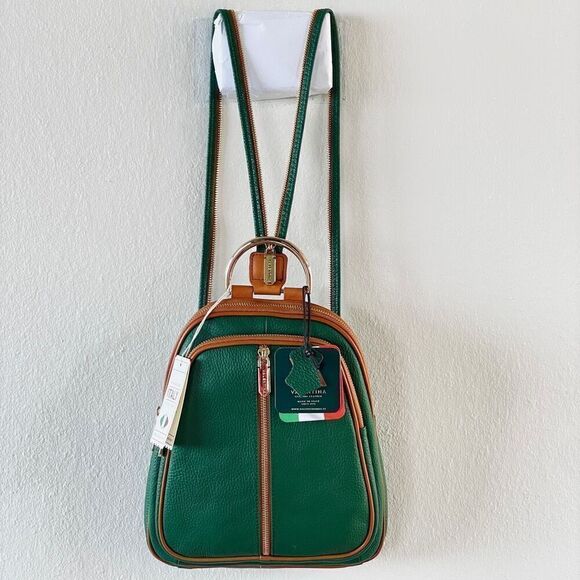 NWT Valentina Green Tan Italian Genuine Leather Convertible Sling Backpack Bag main image 5